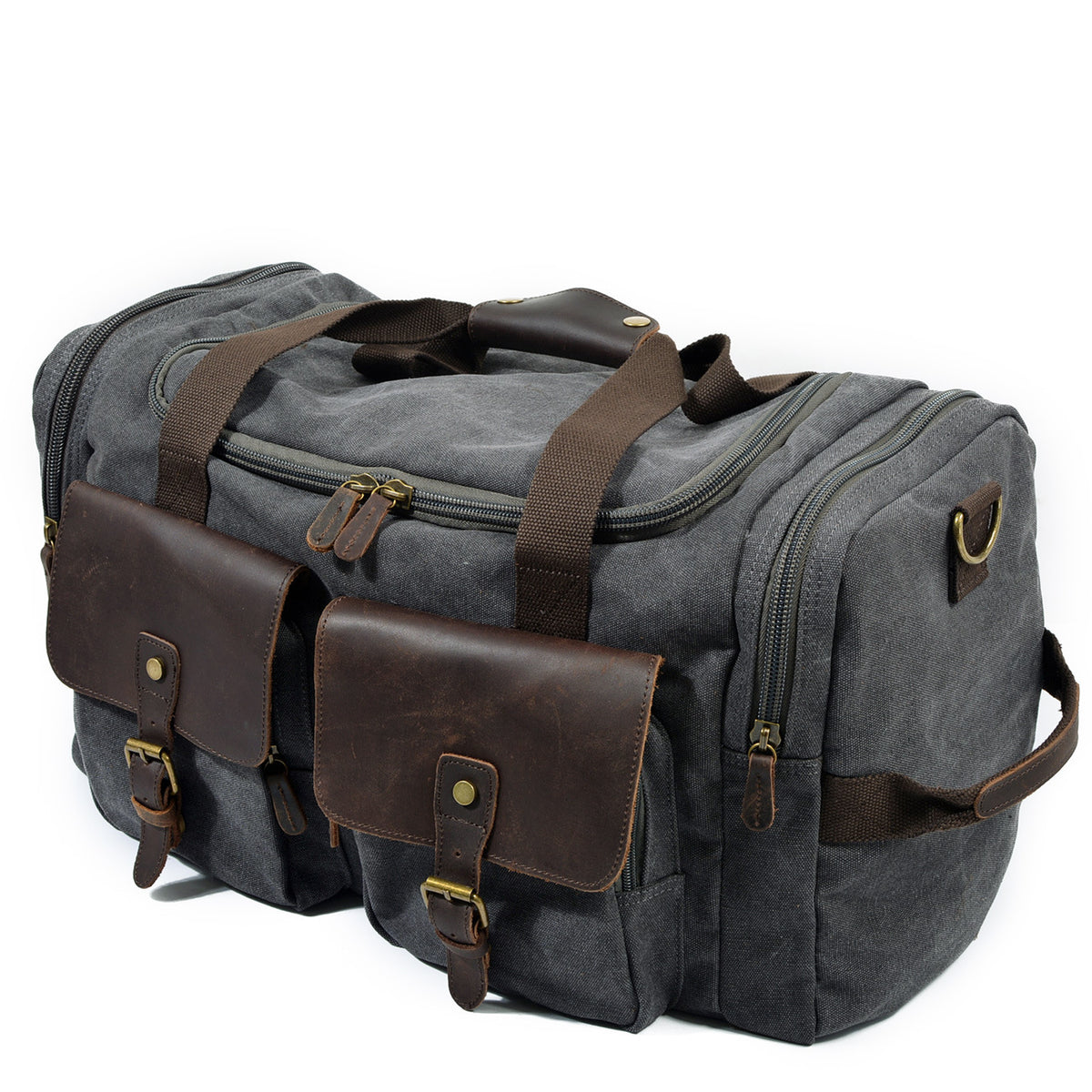 Brown canvas overnight bag, three-quarter view