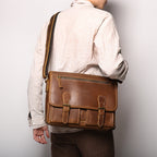 Interior of leather satchel showing A4 document space and zipped pocket