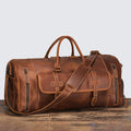 Retro brown crazy horse leather weekend duffle, side view