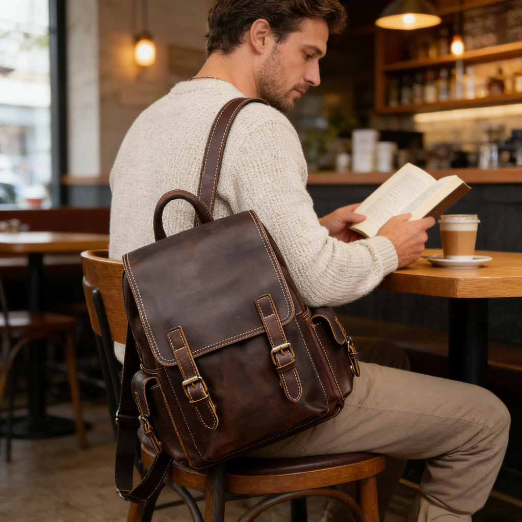 A man sitting at a wooden table in a cozy cafe, reading a book while wearing a dark brown distressed leather backpack with brass hardware.