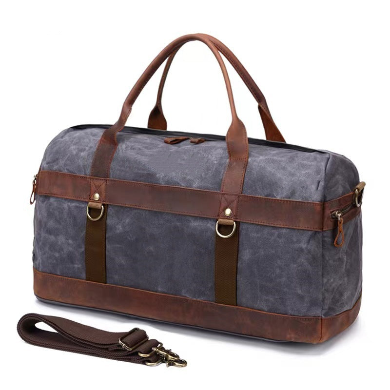 End pocket detail on canvas duffel bag