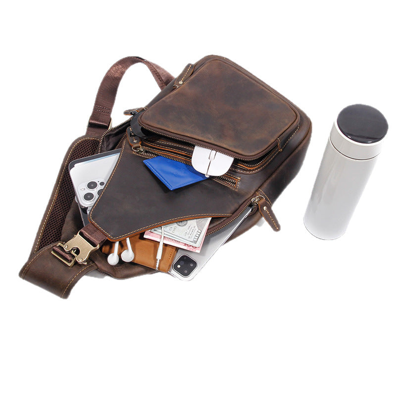 Ranger Leather Sling Bag showing the concealed rear pocket that sits flat against the back — Khal Gold