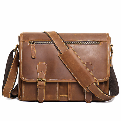 KHAL GOLD Bloomsbury leather A4 satchel in vintage brown crazy horse leather, front view with zipped flap pocket, twin buckle straps and padded shoulder strap