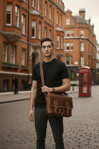 Leather satchel showing flap with strap and buckle closure