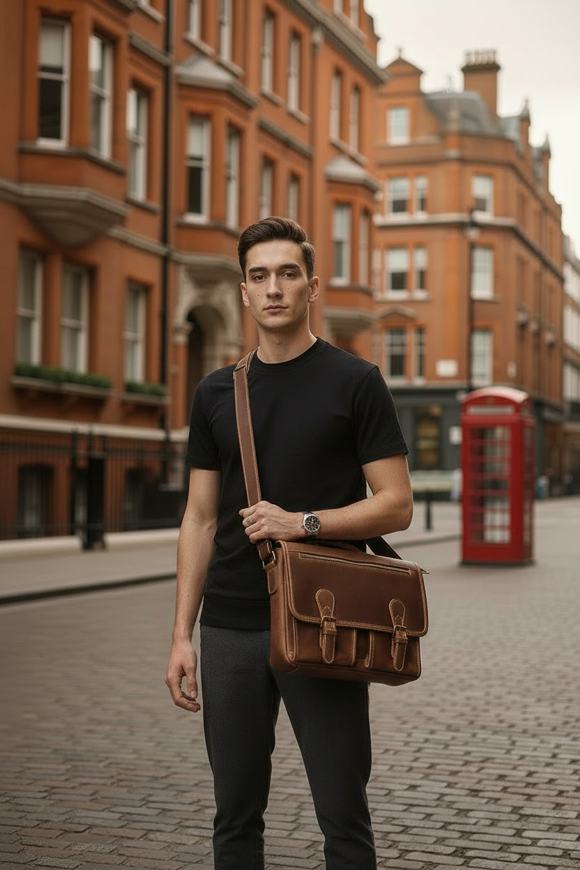 Leather satchel showing flap with strap and buckle closure