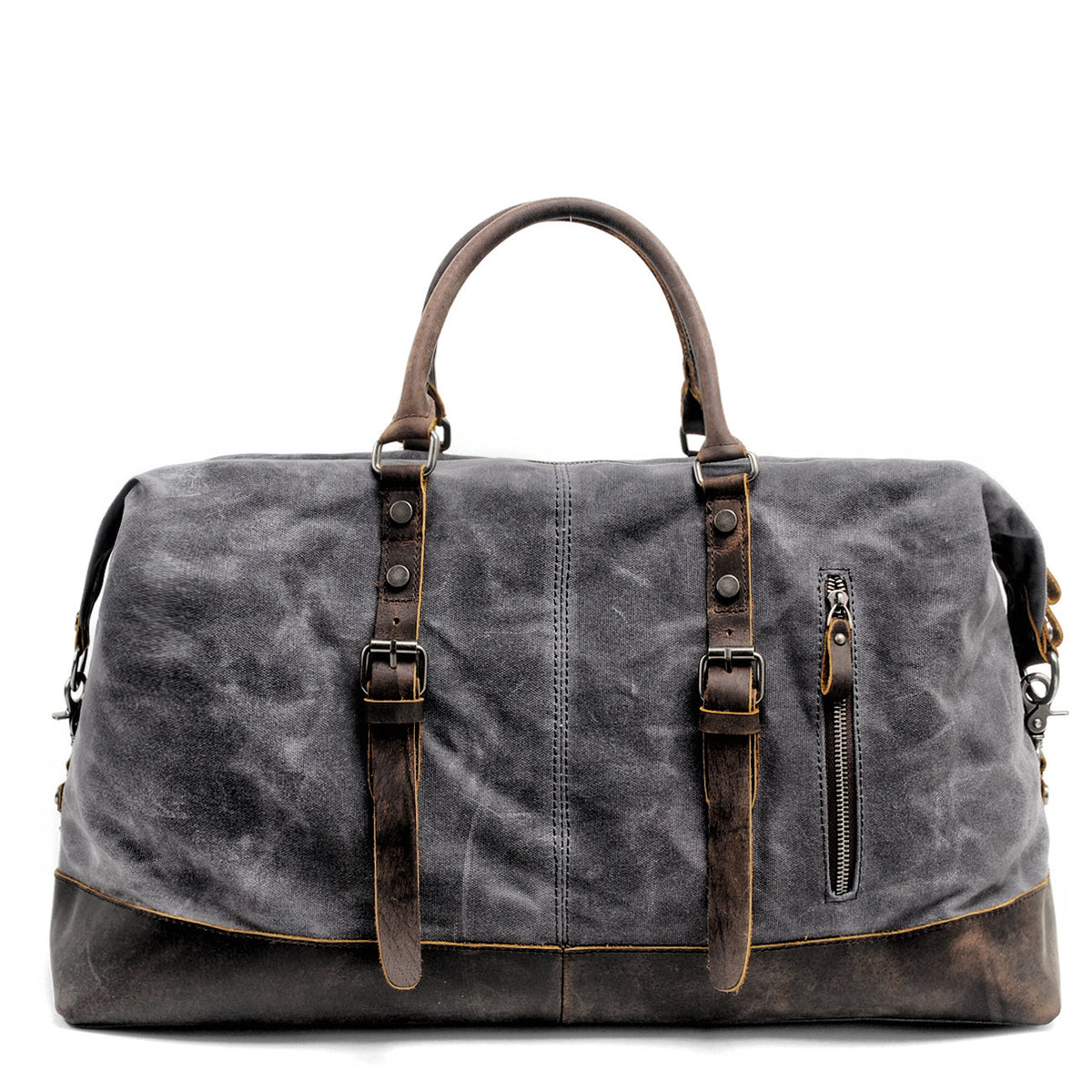 Black oil-wax canvas carryall, three-quarter view