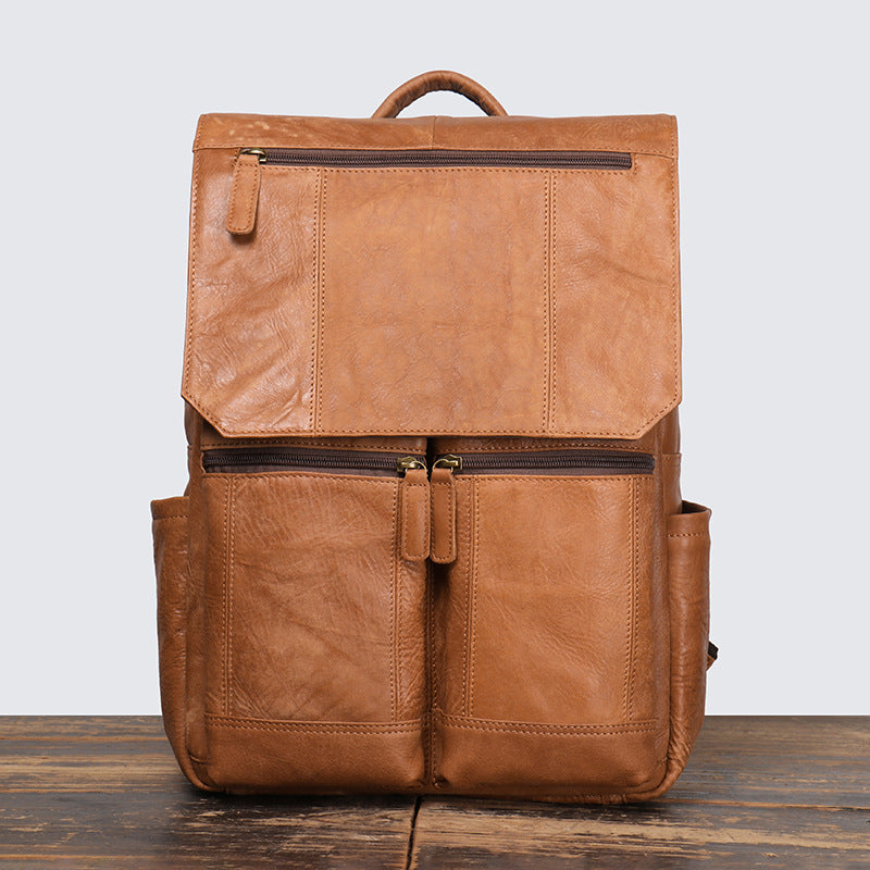 Retro brown distressed leather backpack, front view