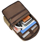 Rear view of canvas backpack with padded adjustable shoulder straps