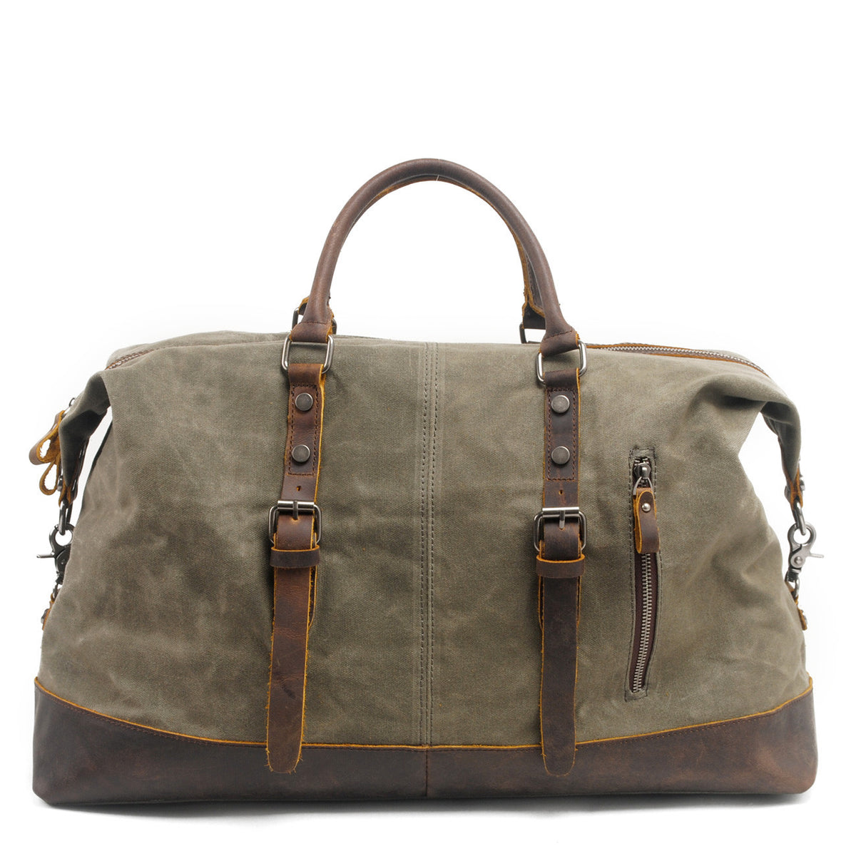 Brown waxed canvas carryall with crazy horse cowhide handles