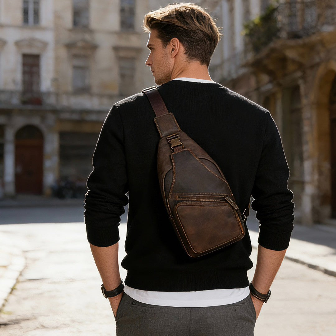 Ranger Leather Sling Bag in cowhide, side view showing the single adjustable strap — Khal Gold