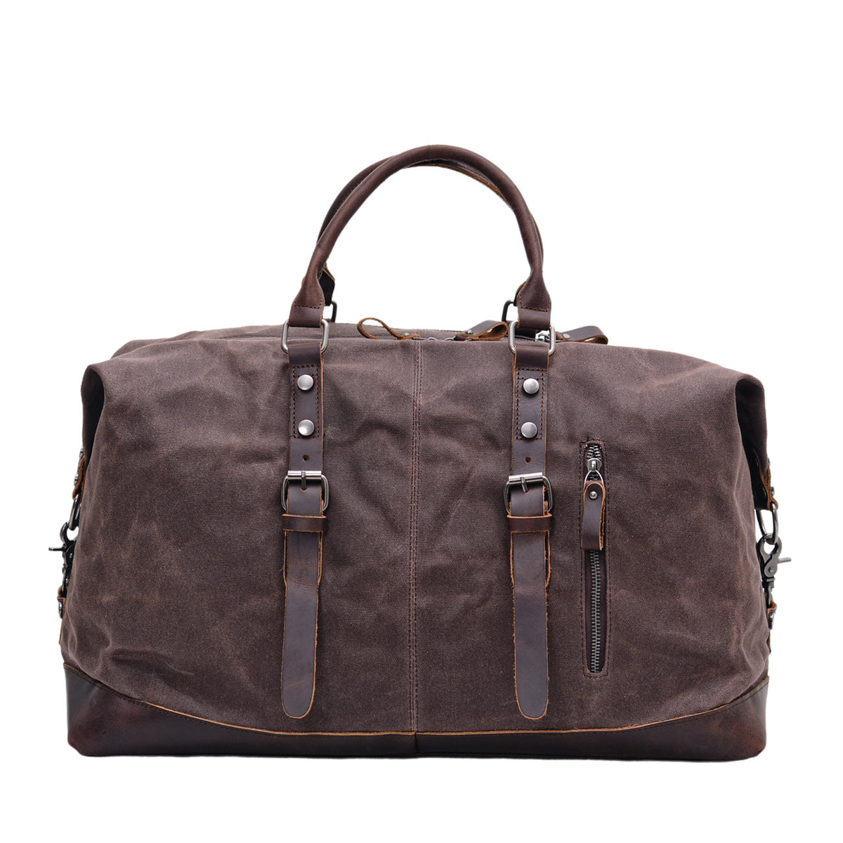 Green waxed canvas travel bag with cowhide base corners