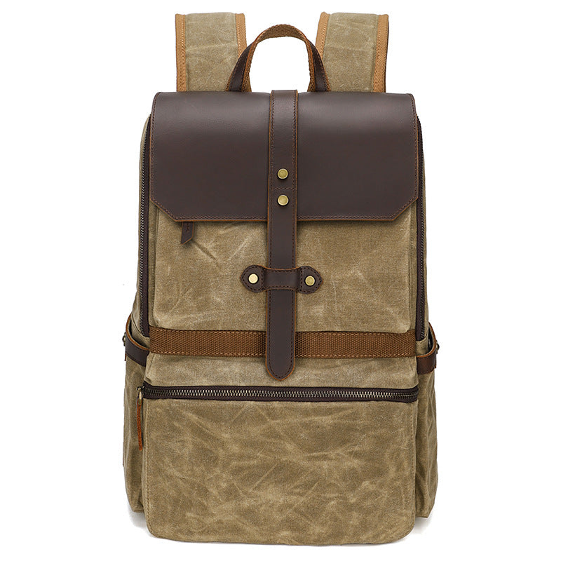 Side pocket detail on batik waxed canvas backpack