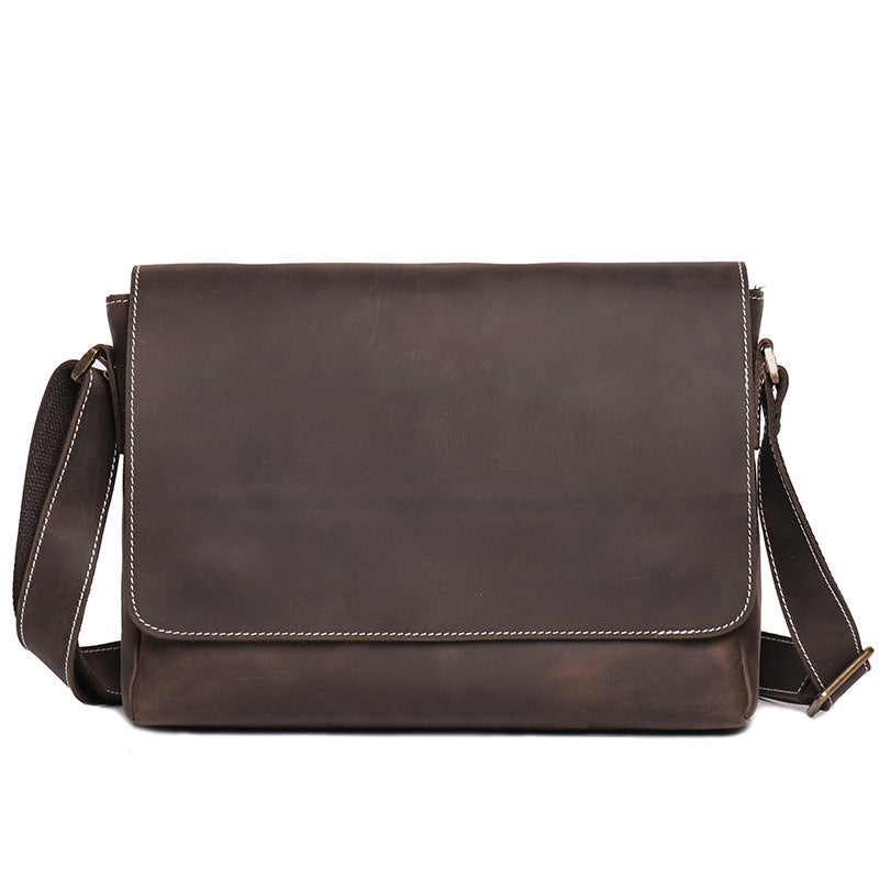Courier Leather Messenger in dark brown crazy horse leather — Khal Gold