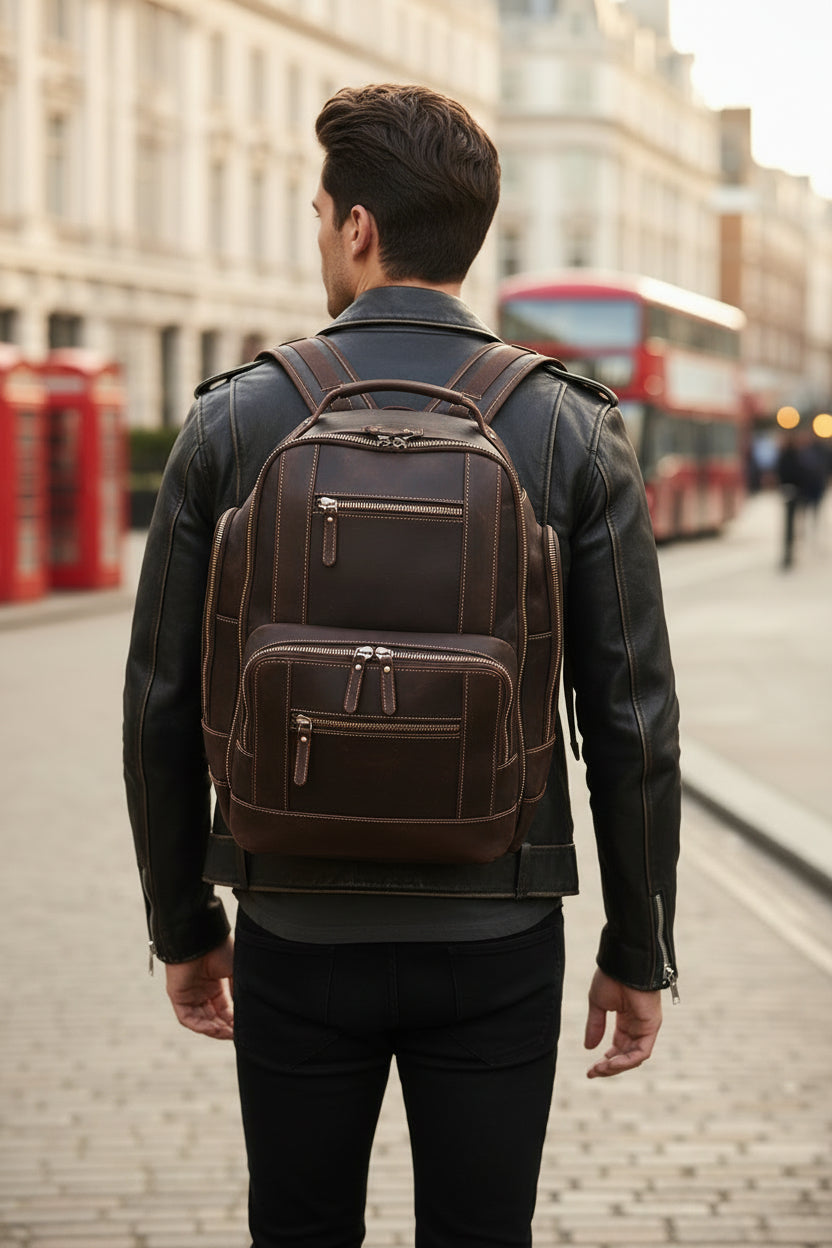 Brown leather backpack worn by a person with a blurred background