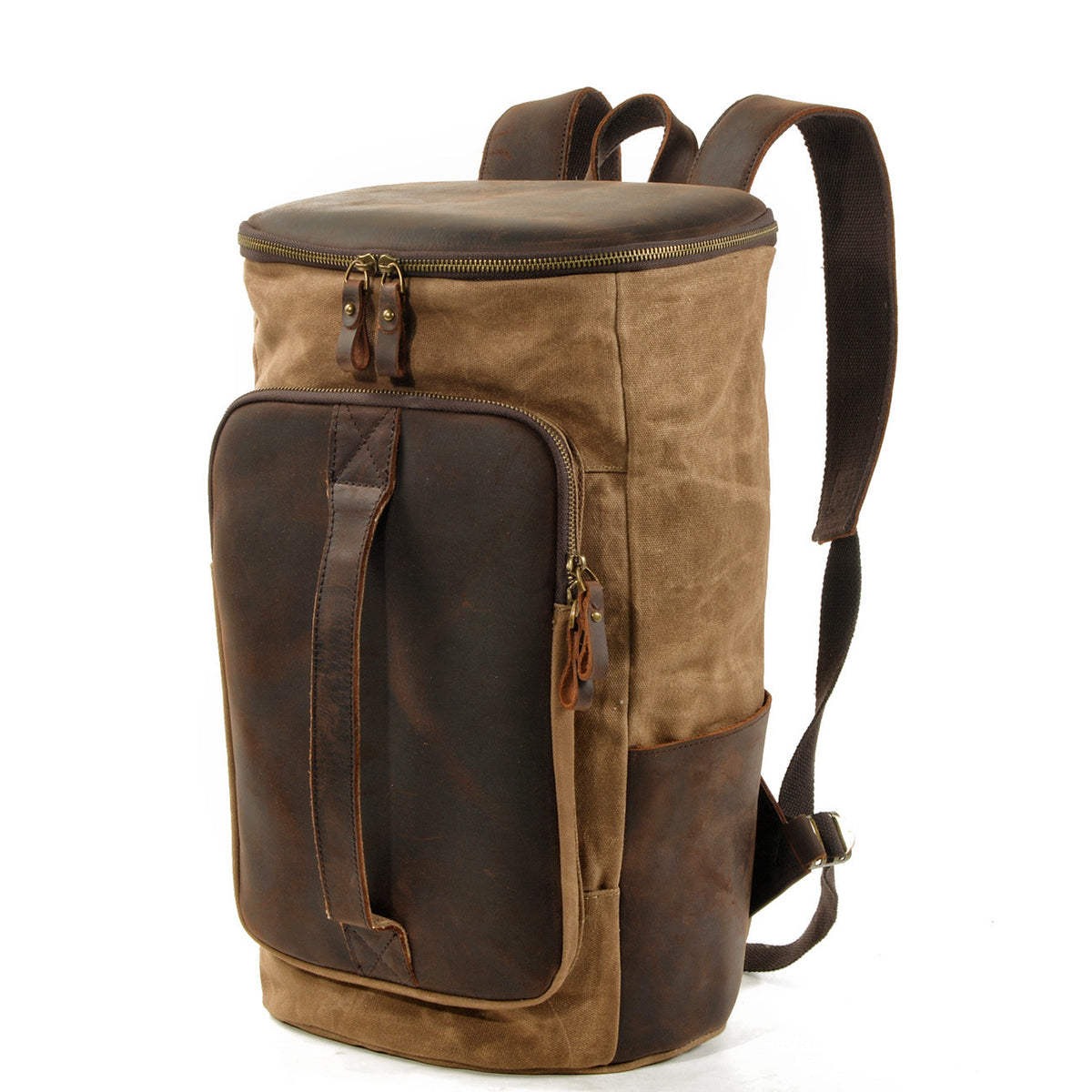 Halden Waxed Canvas Barrel Backpack in khaki waxed canvas — Khal Gold
