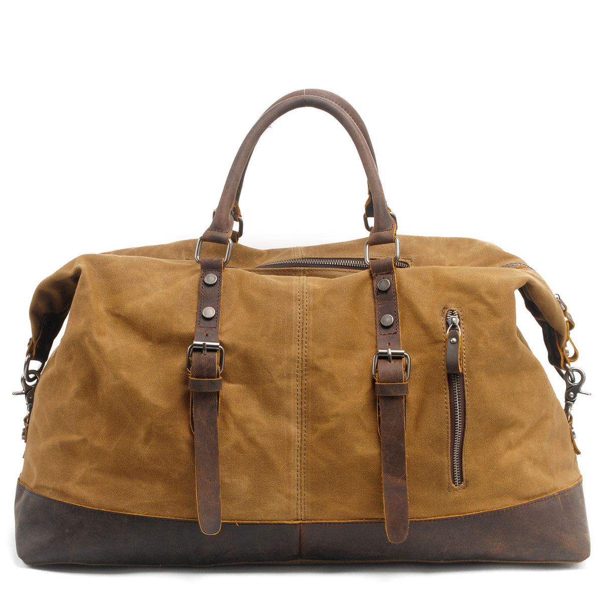 Khaki oil-wax canvas carryall with crazy horse leather trim, side view