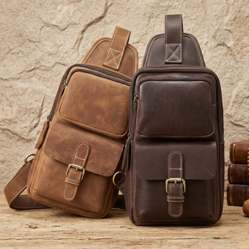 Scout Leather Chest Bag in crazy horse leather, detail view