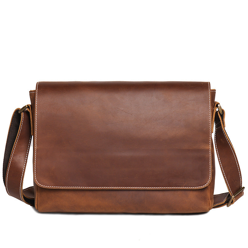 Courier Leather Messenger in vintage brown crazy horse leather — Khal Gold
