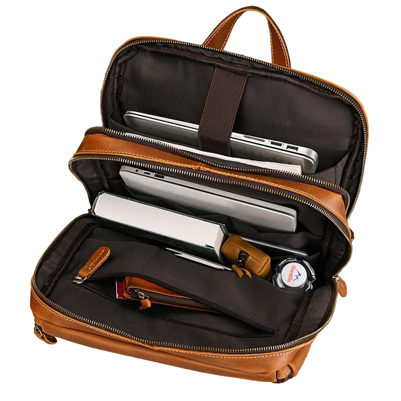 Langham Leather Backpack open, showing the padded laptop compartment — Khal Gold