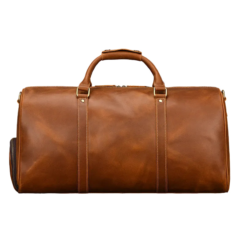 Khal Gold Ambassador weekender in tan crazy horse leather, front view with rolled leather handles and brass hardware