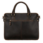 Khal Gold Cornhill leather briefcase in dark brown crazy horse leather, back view with rear zip pocket