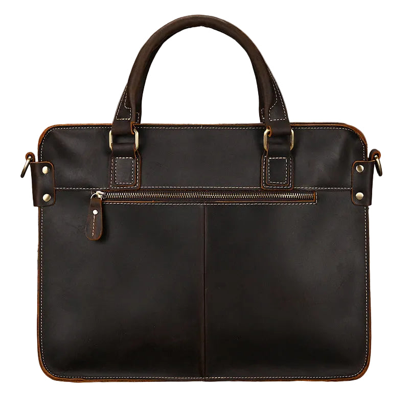 Khal Gold Cornhill leather briefcase in dark brown crazy horse leather, back view with rear zip pocket