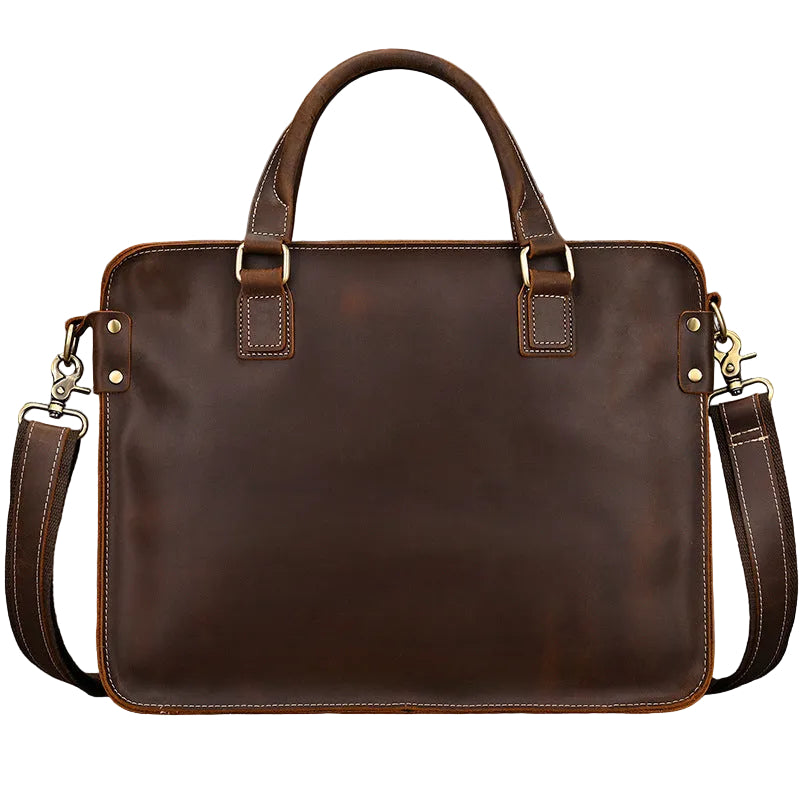 Khal Gold Cornhill leather briefcase in brown crazy horse leather, front view with rolled leather top handles