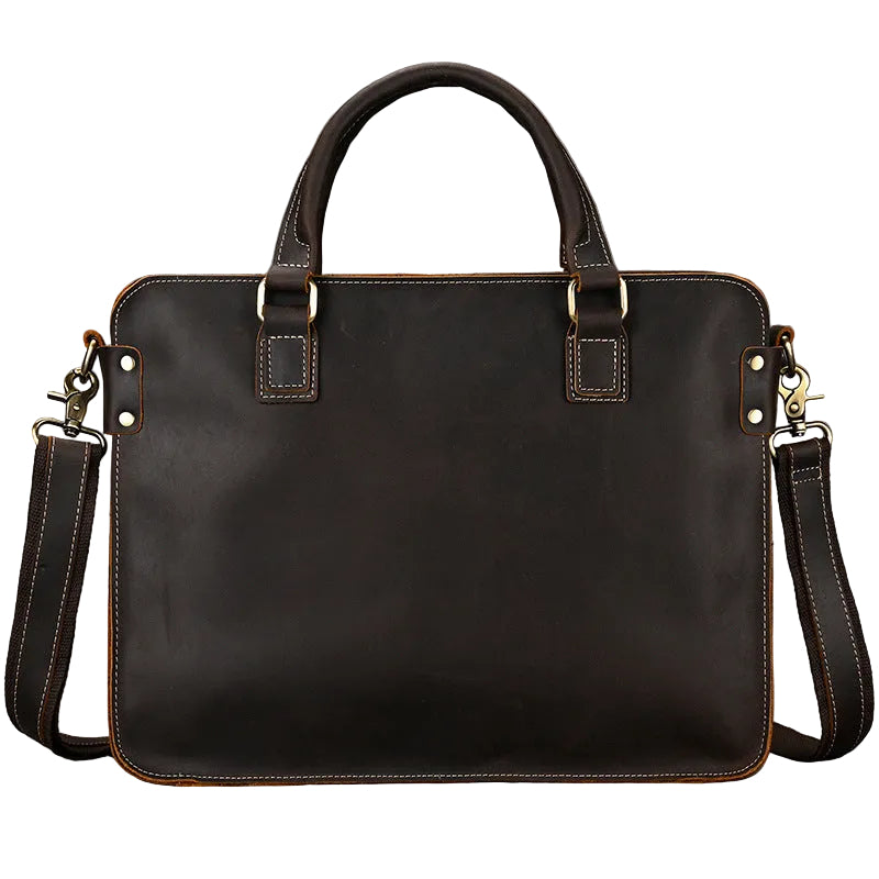 Khal Gold Cornhill leather briefcase in dark brown crazy horse leather with the detachable adjustable shoulder strap fitted