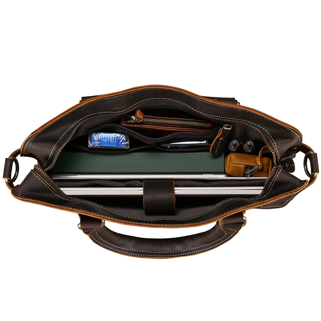 Interior of the Khal Gold Cornhill leather briefcase with the padded laptop section and organiser pockets