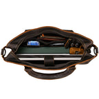Interior of the Khal Gold Cornhill leather briefcase with the padded laptop section and organiser pockets