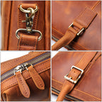 Close-up details of the Khal Gold Gresham briefcase showing the brass clasp, buckle, zip pull and strap keeper