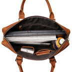 Interior of the Khal Gold Gresham leather briefcase with a laptop, documents and organiser pockets