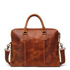 Khal Gold Gresham leather briefcase in tan crazy horse leather, back view with detachable shoulder strap