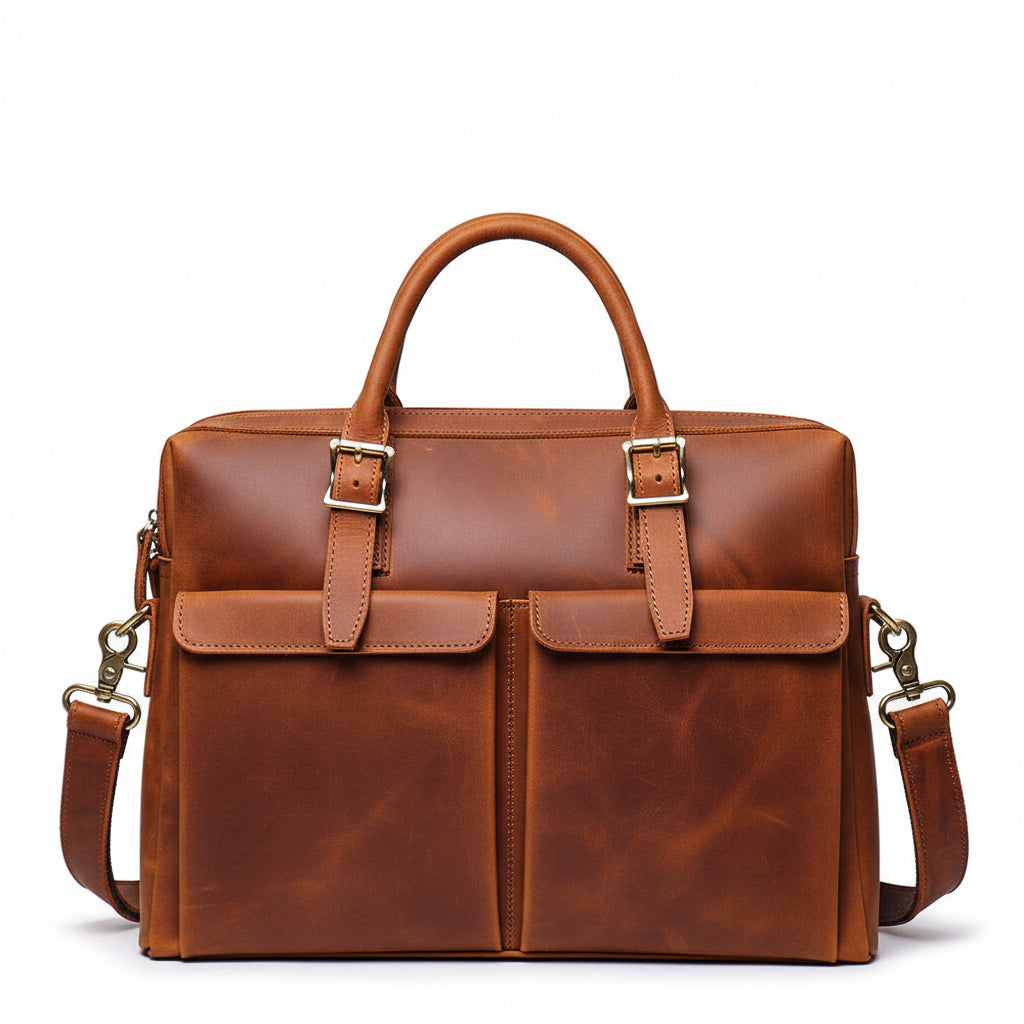 Khal Gold Gresham leather briefcase in tan crazy horse leather, front view with buckle-front pockets and detachable shoulder strap