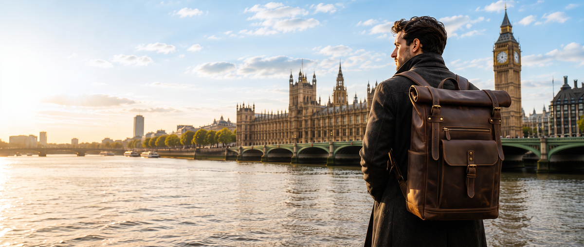 A man in a dark overcoat stands beside the River Thames at golden hour carrying a brown distressed leather roll-top backpack, with the Houses of Parliament, Westminster Bridge and Big Ben behind him.