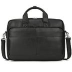 Khal Gold Threadneedle leather briefcase in black crazy horse leather, front view with detachable shoulder strap