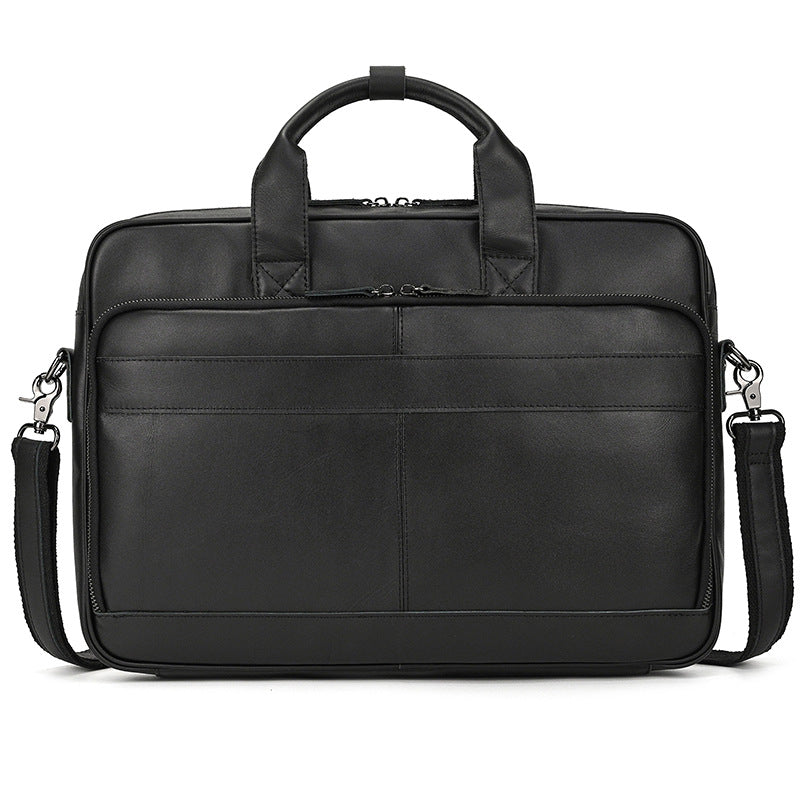 Khal Gold Threadneedle leather briefcase in black crazy horse leather, front view with detachable shoulder strap