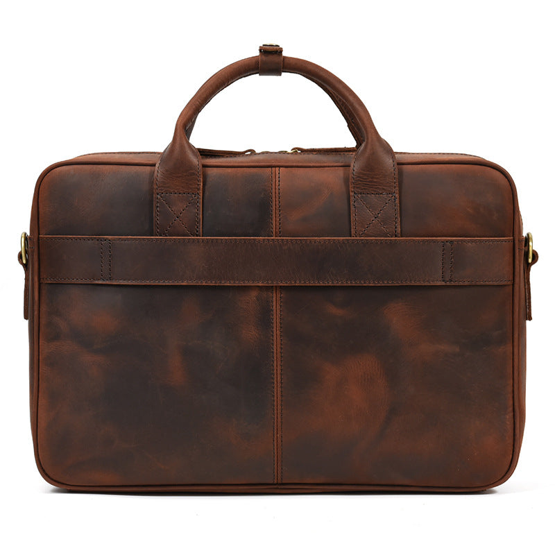 Khal Gold Threadneedle leather briefcase in brown crazy horse leather, front view showing the twin zipped compartments