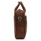 Khal Gold Threadneedle leather briefcase in brown crazy horse leather, side profile showing the depth and rear trolley sleeve