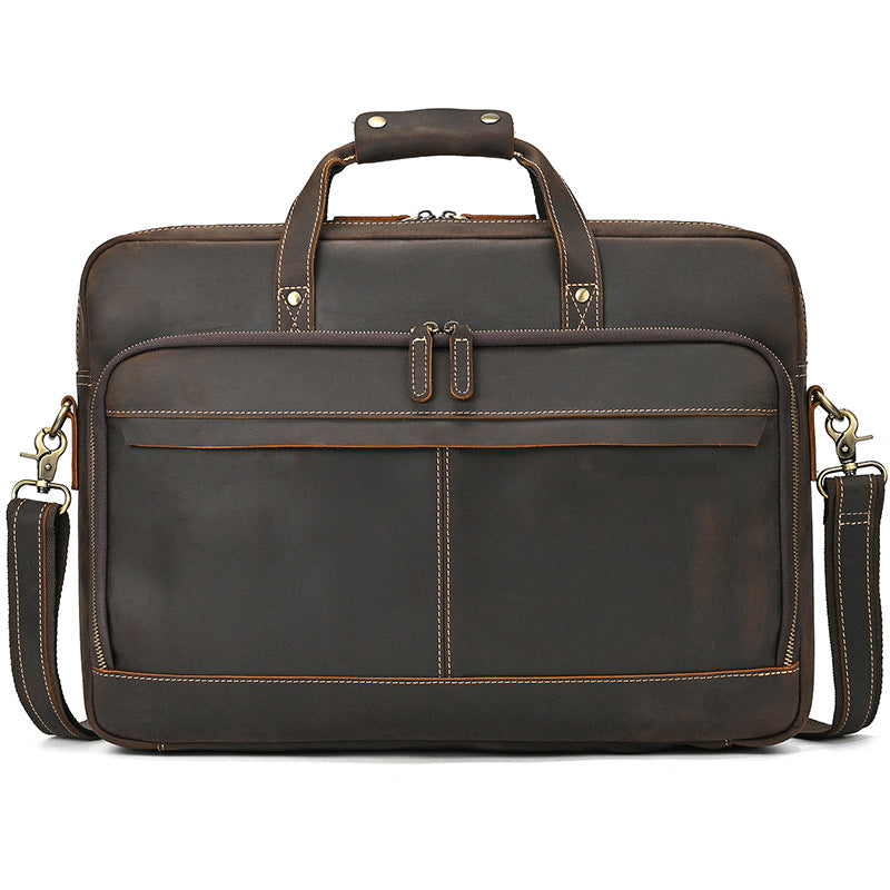 Khal Gold Threadneedle leather briefcase in dark brown crazy horse leather, front view with twin zipped compartments