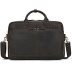 Khal Gold Threadneedle leather briefcase in dark brown crazy horse leather, front view with detachable shoulder strap