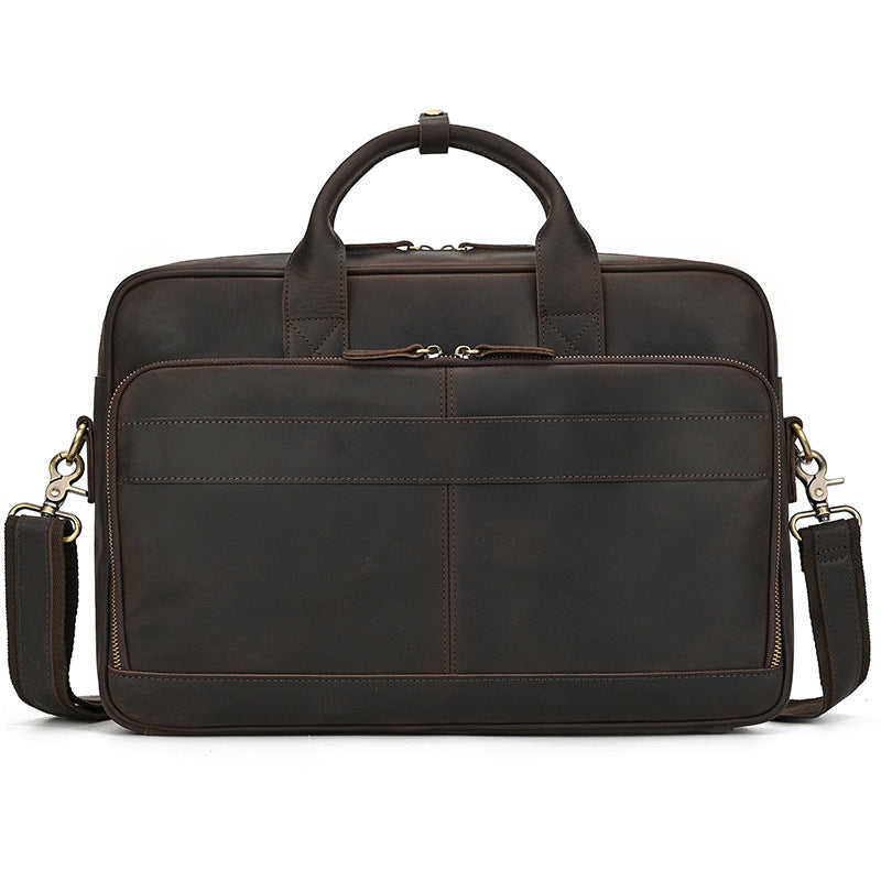 Khal Gold Threadneedle leather briefcase in dark brown crazy horse leather, front view with detachable shoulder strap