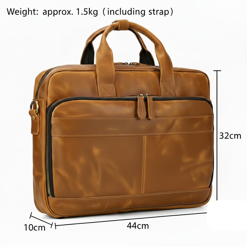 Khal Gold Threadneedle leather briefcase dimensions: 44cm wide, 32cm high and 10cm deep, weighing approximately 1.5kg including the strap