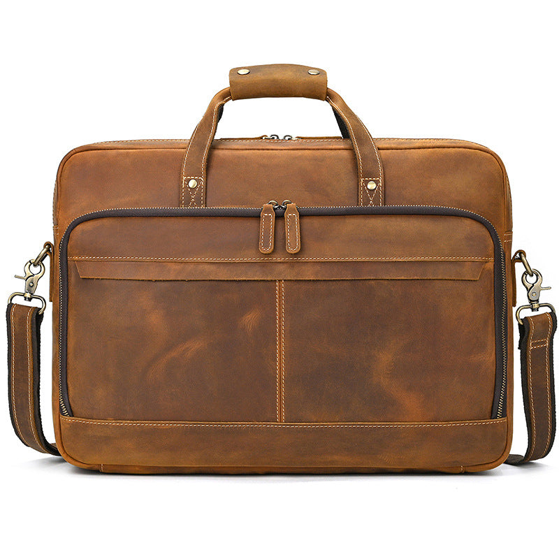 Khal Gold Threadneedle leather briefcase in tan crazy horse leather, front view with twin zipped compartments