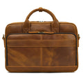 Khal Gold Threadneedle leather briefcase in tan crazy horse leather, front view with rolled leather handles