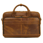 Khal Gold Threadneedle leather briefcase in tan crazy horse leather, front view with rolled leather handles
