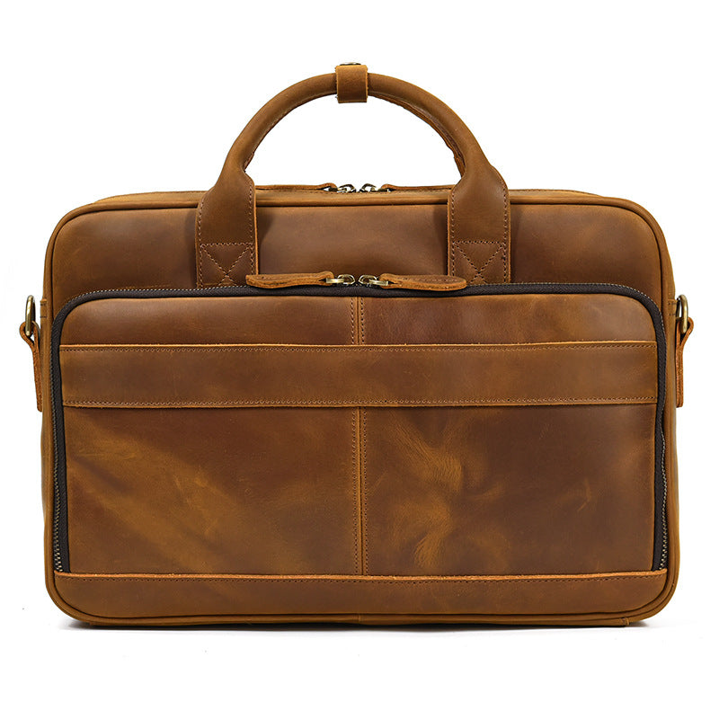 Khal Gold Threadneedle leather briefcase in tan crazy horse leather, front view with rolled leather handles