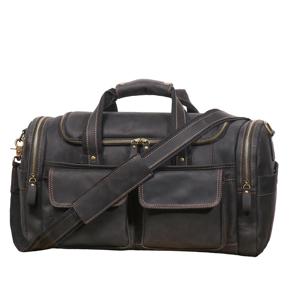 Khal Gold Windsor leather holdall in black crazy horse leather, front view with buckled end pockets and detachable shoulder strap