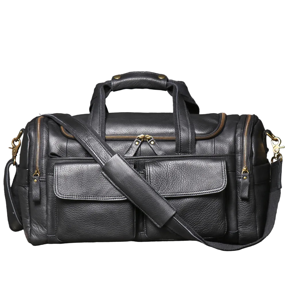Khal Gold Windsor leather holdall in black leather, front view with buckled end pockets and detachable shoulder strap