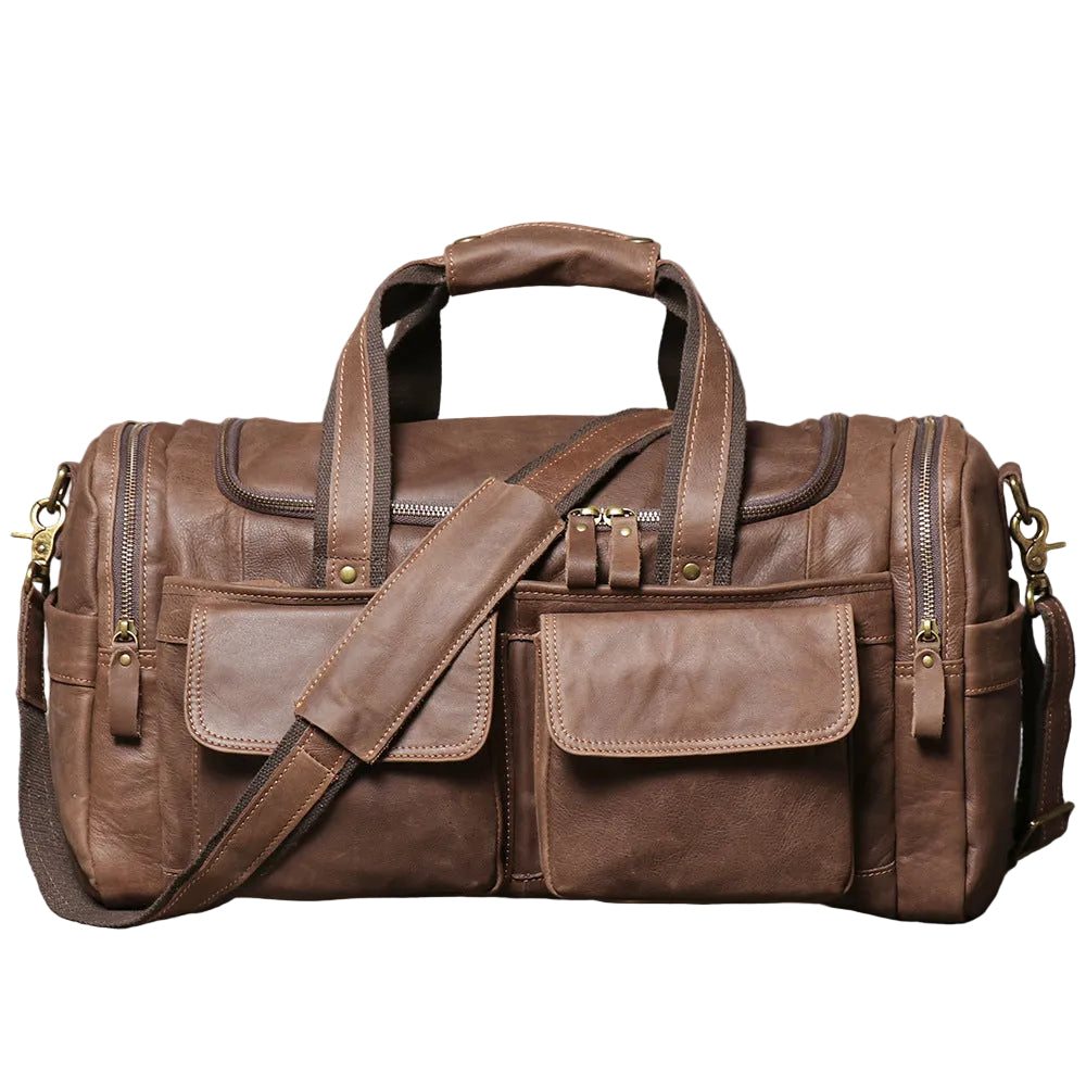 Khal Gold Windsor leather holdall in brown crazy horse leather, front view with buckled end pockets and detachable shoulder strap